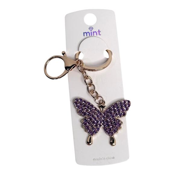 Mint Rhinestone Butterfly Bag Charm Purple Crystal Key Chain Ring Backpack Purse - Picture 4 of 4